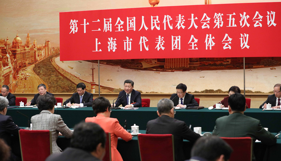 3月5日,中共中央总书记、国家主席、中央军委主席习近平参加十二届全国人大五次会议上海代表团的审议。